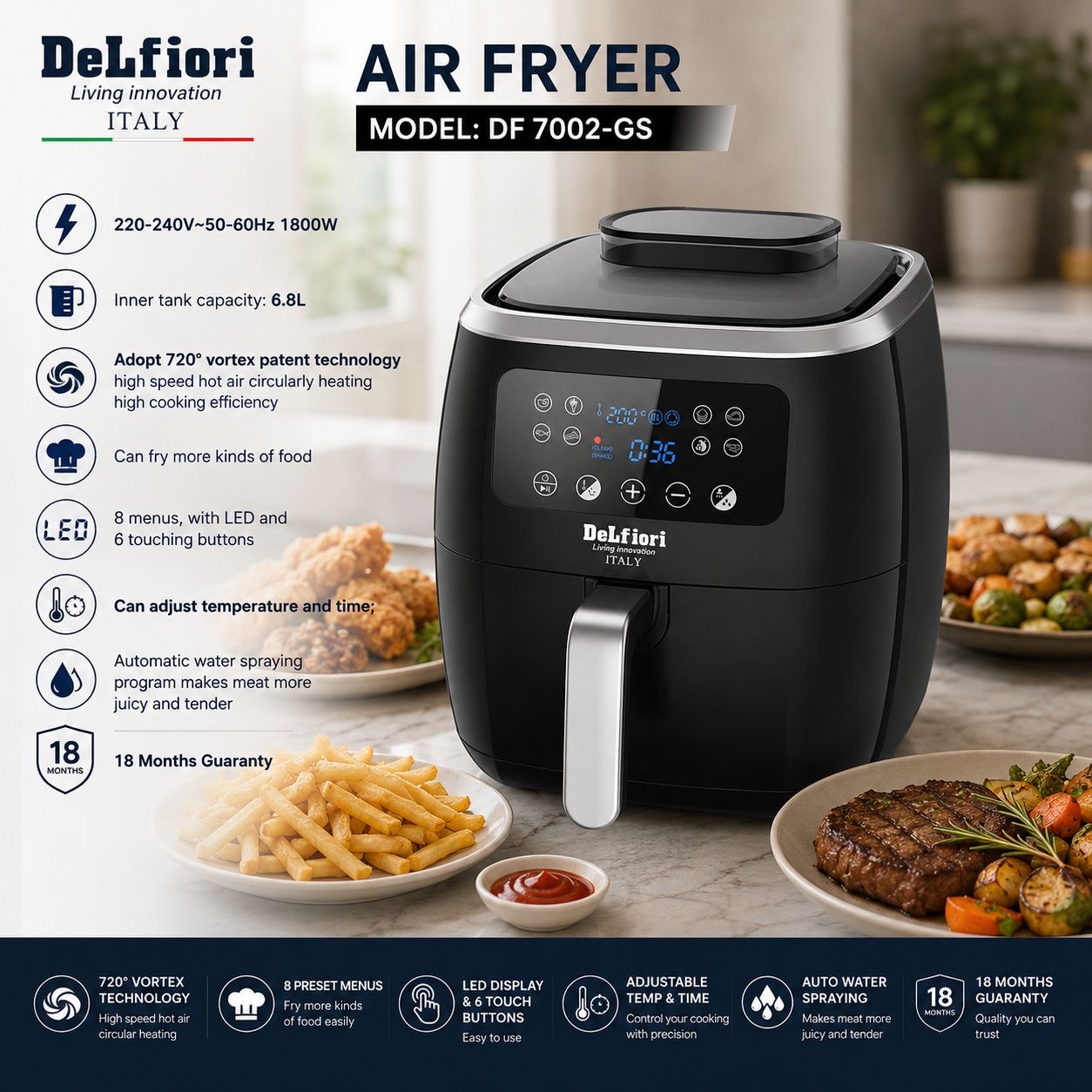 سرخ کن بدون روغن مخزن دار دلفیوری ایتالیا مدل DF7002-GS