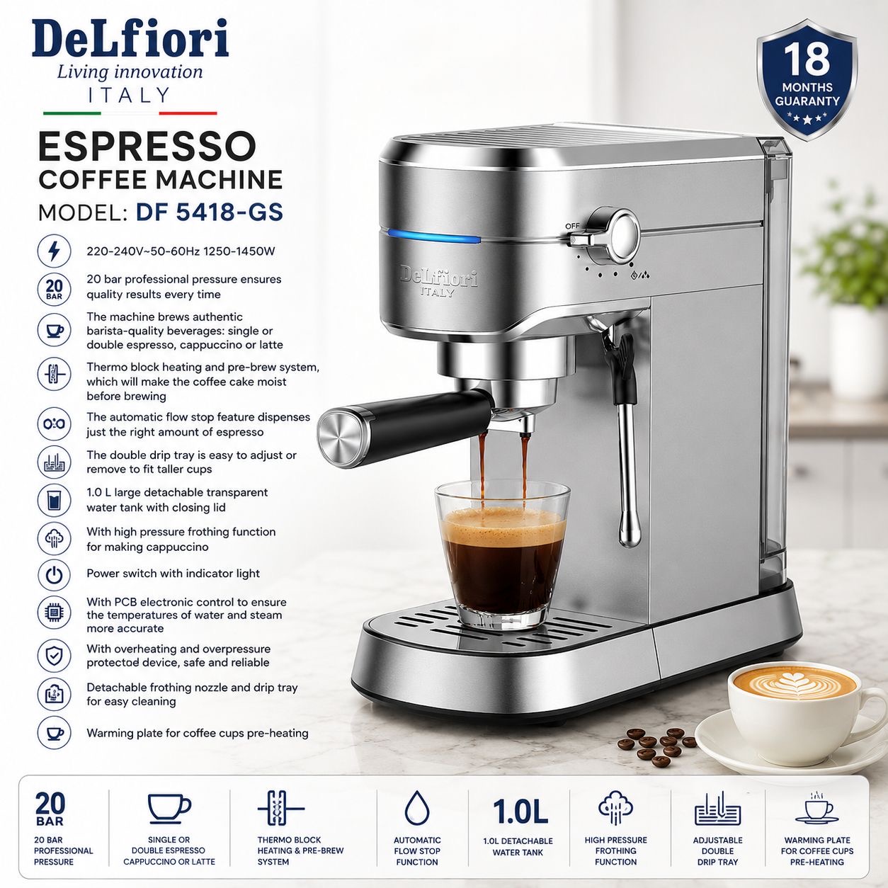 اسپرسو ساز 20بار دلفیوری ایتالیا تمام استیل اتومات مدل DF5418-GS