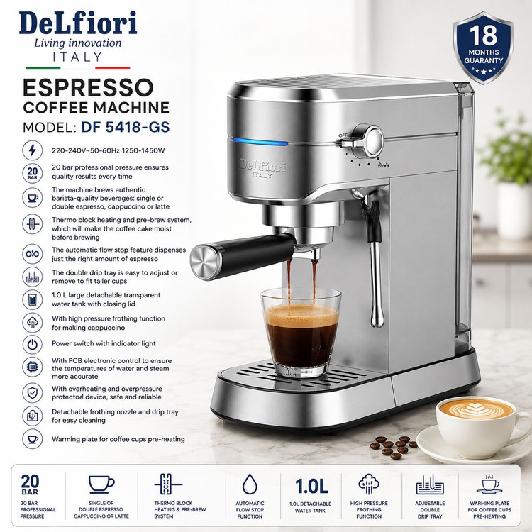 اسپرسو ساز 20بار دلفیوری ایتالیا تمام استیل اتومات مدل DF5418-GS